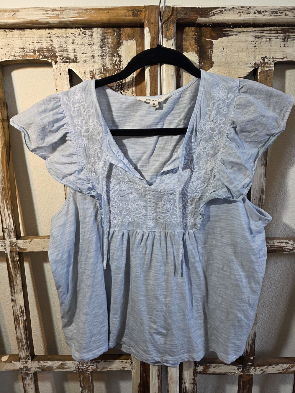 Light Blue Embroidered Flutter Sleeve Women's Top